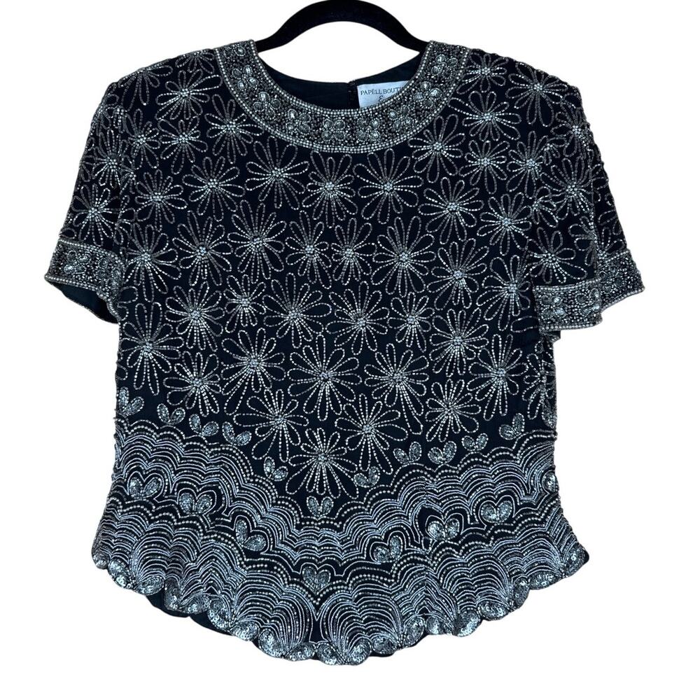 Vintage Adrianna Papell Boutique Evening Beaded Silk Shirt Black Silver Size 8